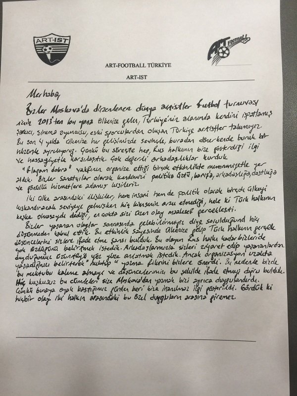 Click to enlarge Letter written by Turkish Art-Football team to relatives of the slain Russian pilot
