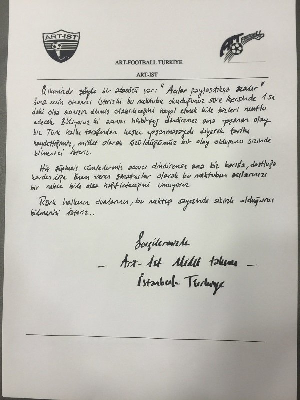 Letter written by Turkish Art-Football team to relatives of the slain Russian pilot