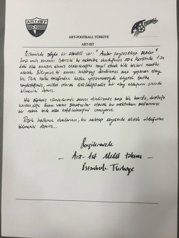 Click to enlarge Letter written by Turkish Art-Football team to relatives of the slain Russian pilot