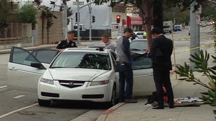 Police look over the suspect's car in Santa Monica