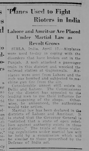 Gujranwala massacre, India, 1919