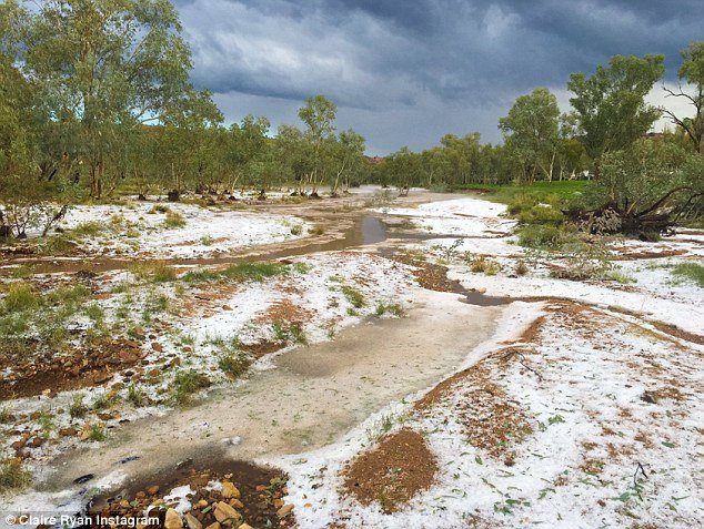Click to enlarge The freak storm uprooted trees and caused flash flooding, while parts of the Red Centre were covered in a sheet of white sleet