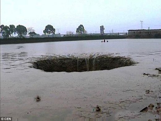 Pond swallowed by sinkhole in China