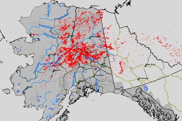 Click to enlarge lightning strikes across Alaska