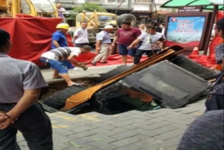Forklift in sinkhole