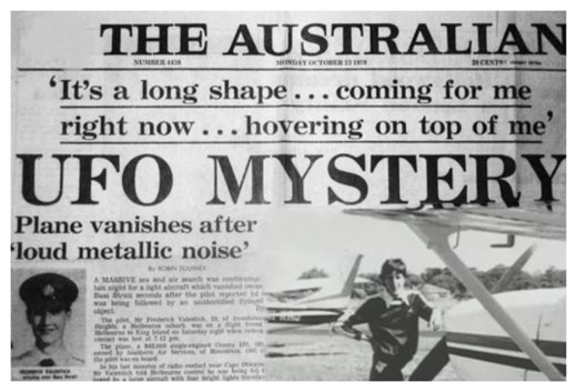 Front page of The Australian with headline about Valentich Mystery