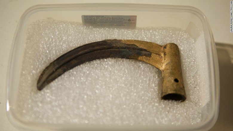 Click to enlarge The villagers had bronze tools for cutting, like this one found at the site.