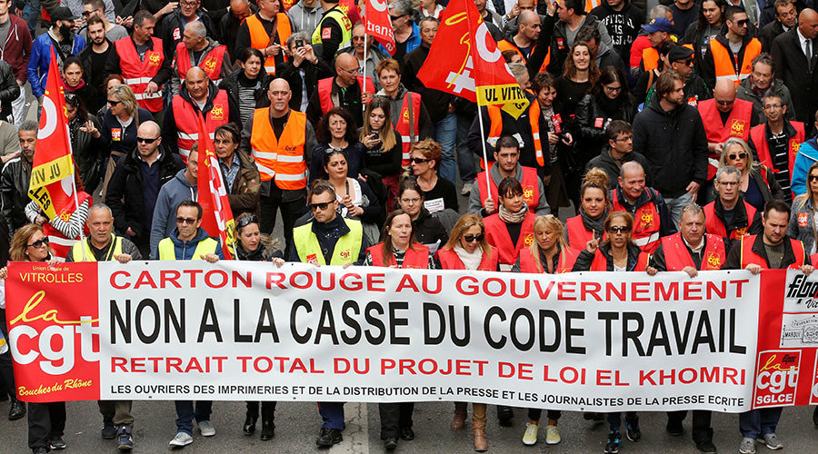 French labour union workers and students attend a demonstration