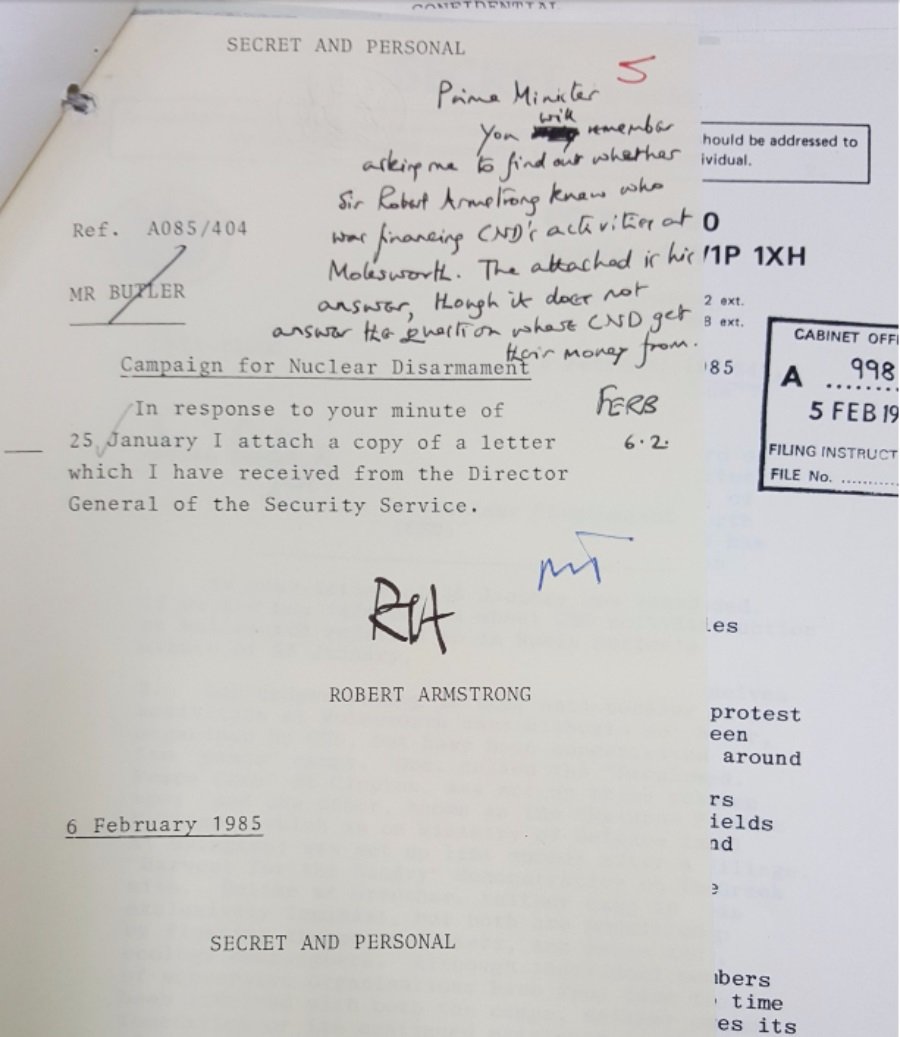 Handwritten note to Thatcher regarding CND