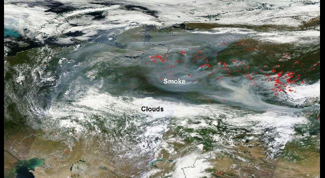 Smoke across Russia on satellite July 18, 2016. Each red dot shows fire/thermal anomalies detected by satellite. 