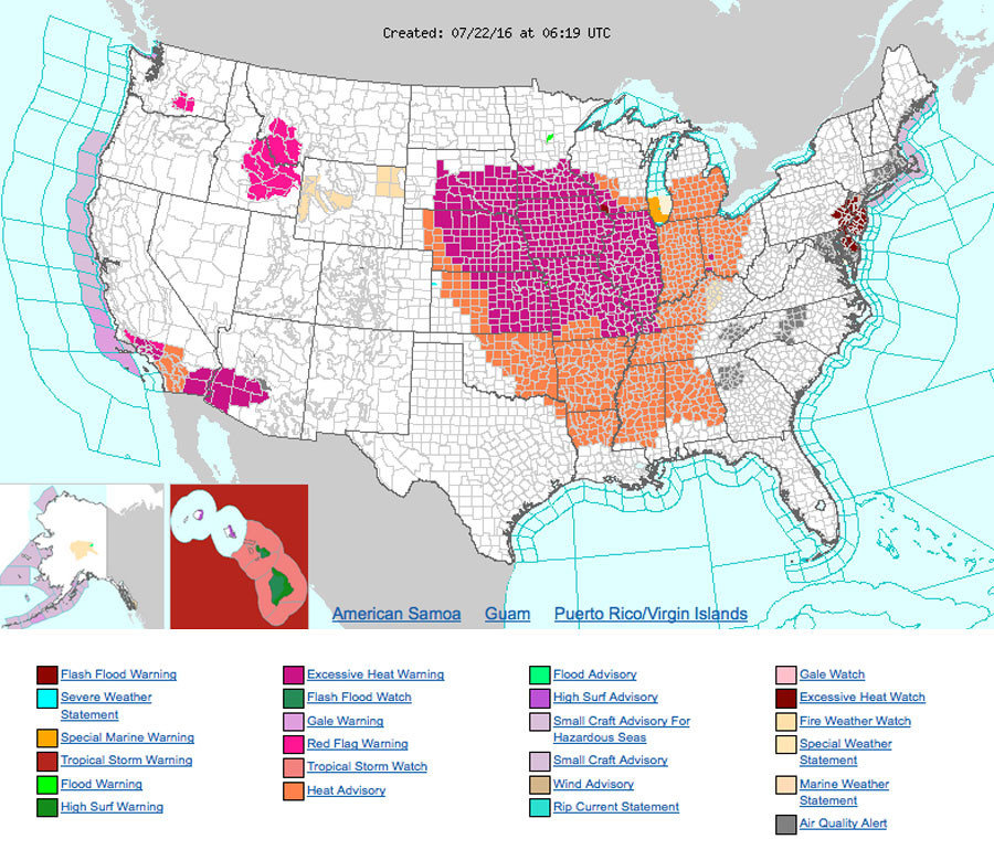 Click to enlarge heat dome map US july 2016