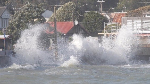 While the wind and rain settled down on Sunday, rough seas continued to pound the Wellington coast.