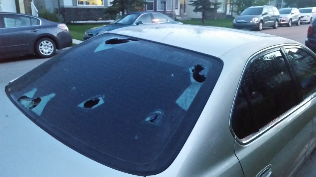 Some pretty nasty hail damage in NE calgary tonight