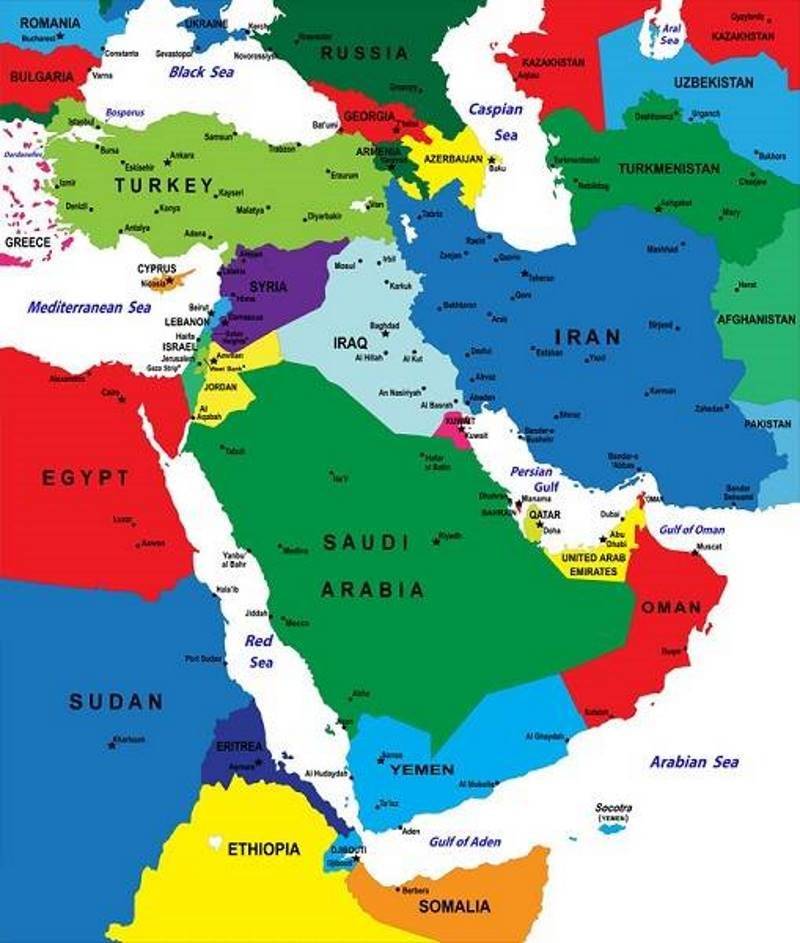 Click to enlarge Middle East Map Saudi Arabia Qatar Syria Iran Iraq