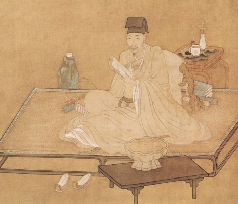 The painting shows a scholar reading on bed-mat