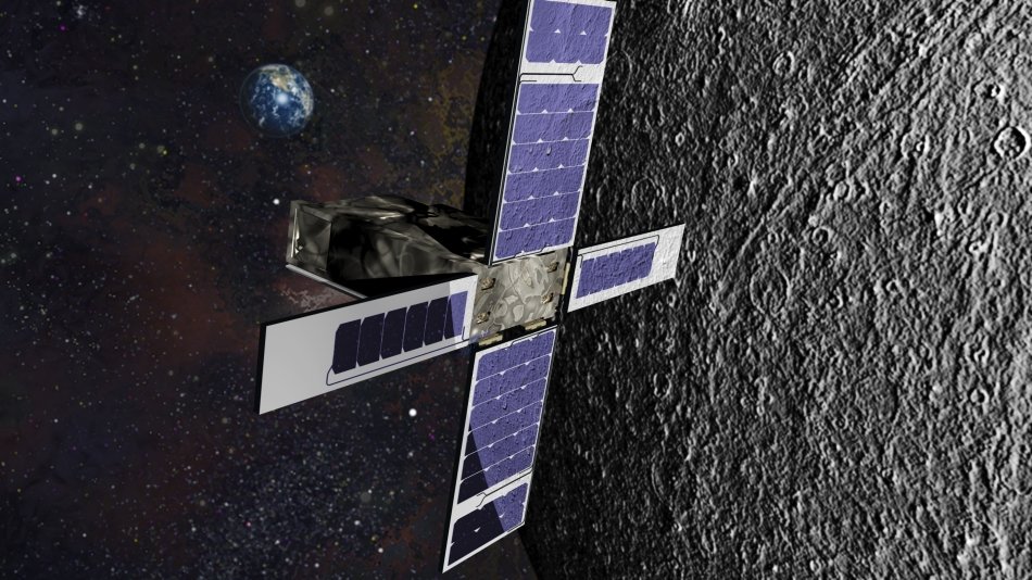 Artistic rendering of the SkyFire cubesat orbiting the moon