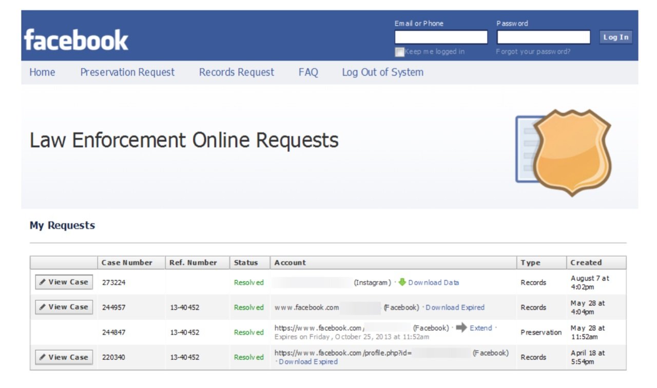 Click to enlarge Facebook Law enforcement online request system