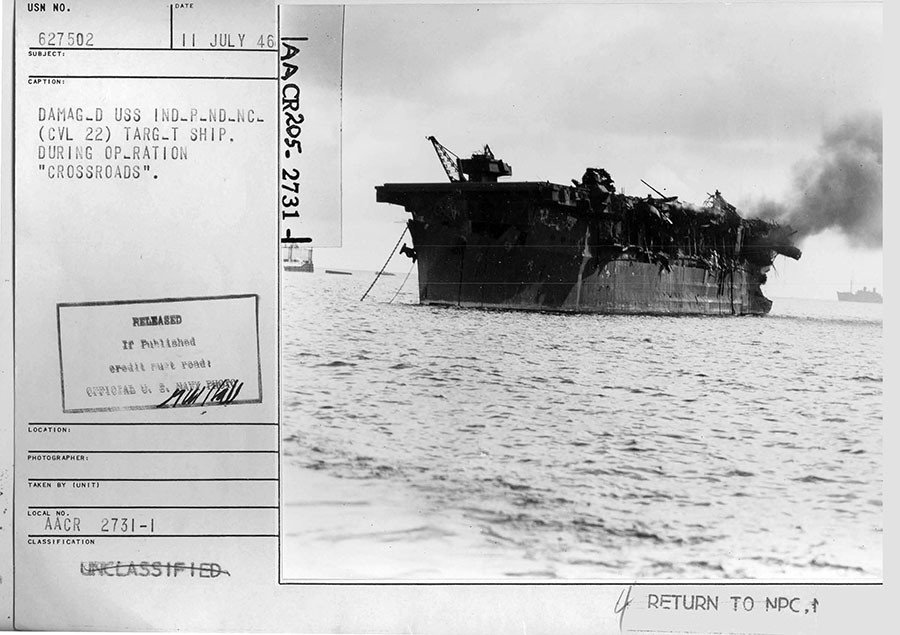 Click to enlarge Damaged USS Independence (CVL 22) target ship from the Able test