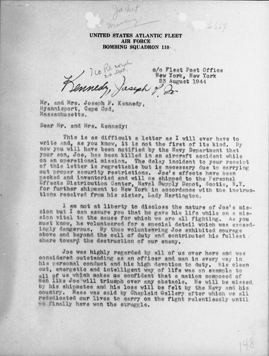 Air Force letter of JFK Jr. death
