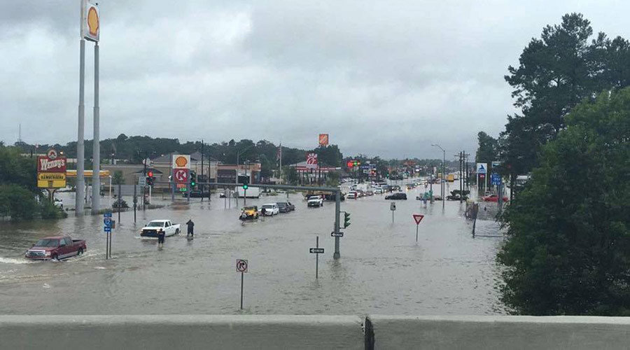Floodwaters are seen on Range Road and I-12 in Denham Springs, Livingston Parish, Louisiana, U.S.