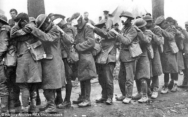 British troops suffering the appalling effects of a German gas attack in 1918