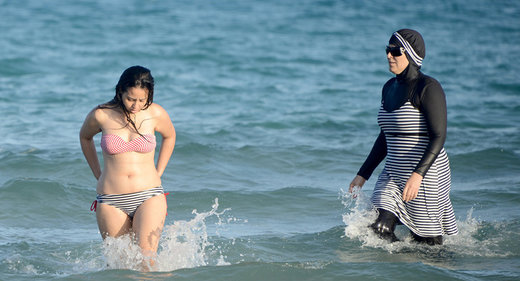 Tunisian women on beach with burkini