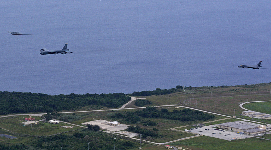 Click to enlarge A US Air Force B-52 Stratofortress, B-1 Lancer and B-2 Spirit launch from Andersen Air Force Base, Guam