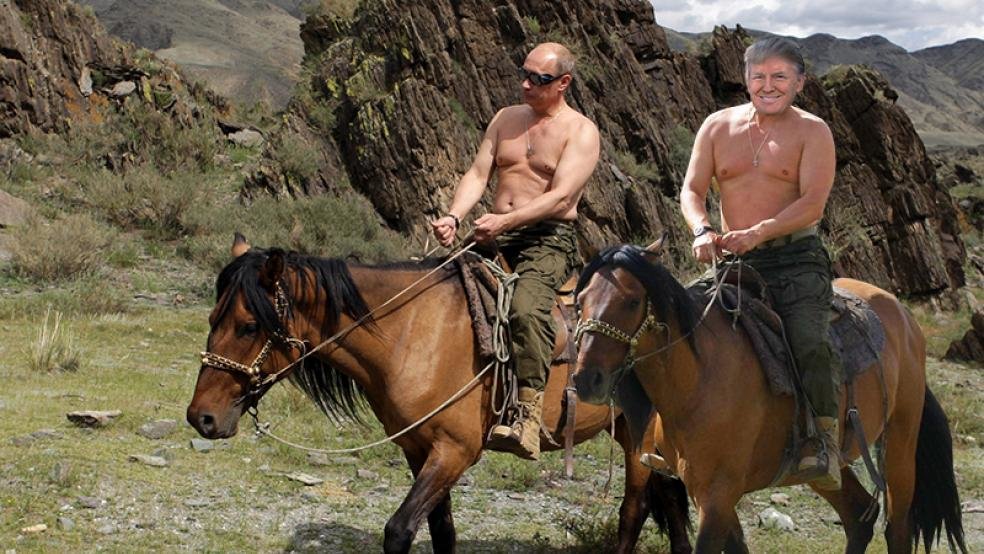 Photoshoped image of Putin and Trump riding horses