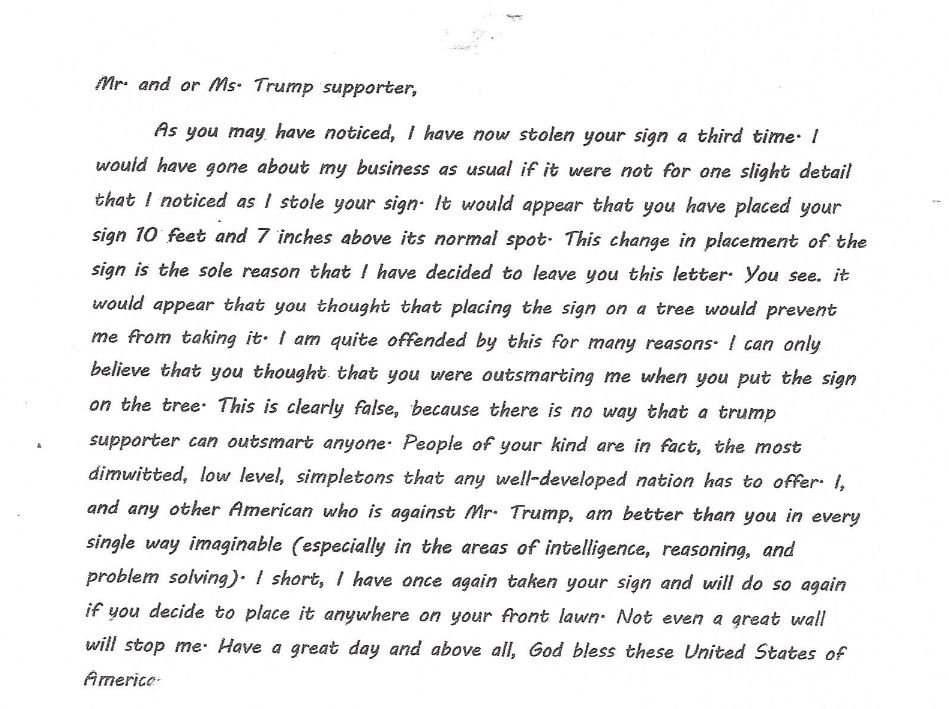 Click to enlarge Letter from Trump sign thief