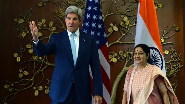 Click to enlarge Indian Minister of External Affairs Sushma Swaraj (R) and US Secretary of State John Kerry