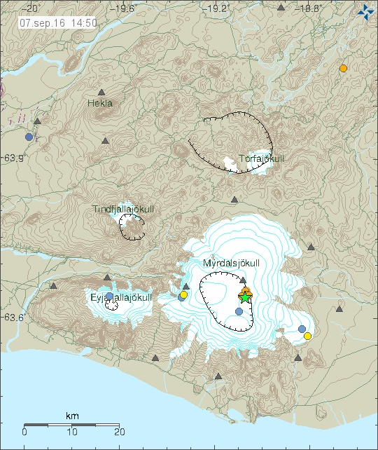 The green star shows the location of today's tremor. 