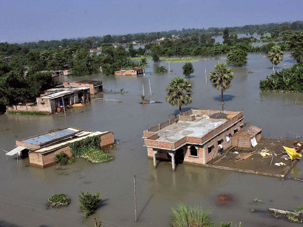 Submerged houses in flooded area of Hajipur, Bihar.
