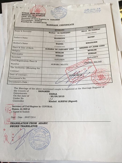 syrian refugees, marriage certificate Bashar Al-Kawaret