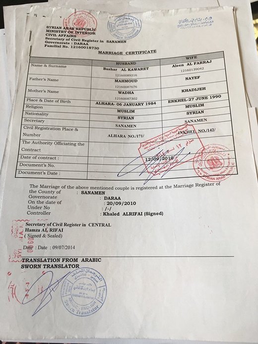 Click to enlarge syrian refugees, marriage certificate Bashar Al-Kawaret