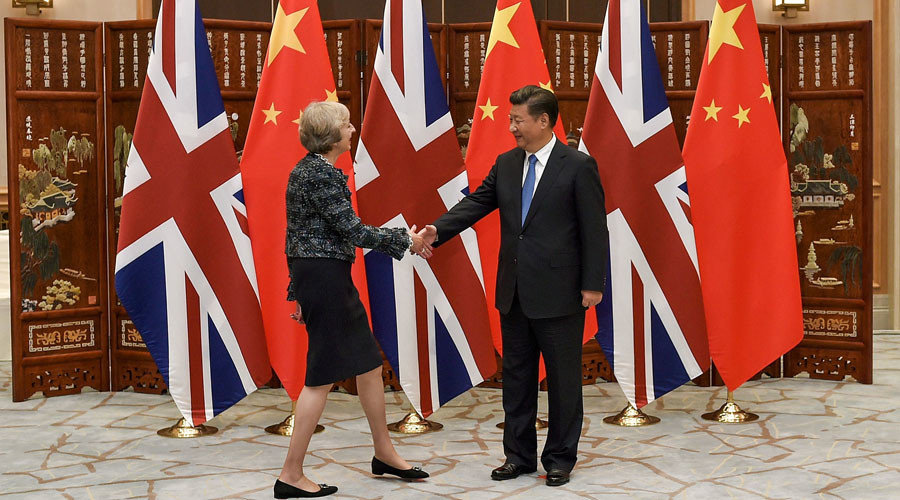 Chinese President Xi Jinping shakes hand with British Prime Minister Theresa May