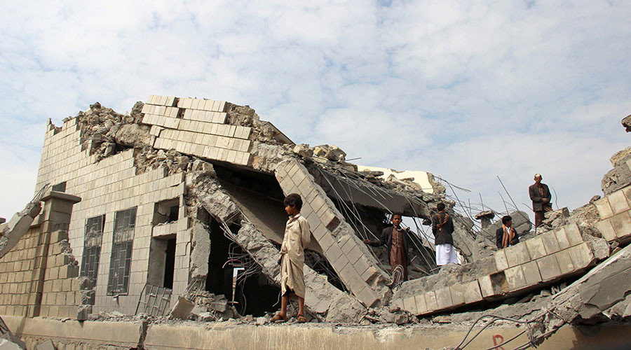 Click to enlarge Yemen rubble of a school destroyed by a Saudi-led air strike