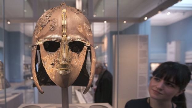 Click to enlarge The remaining fragments of the Sutton Hoo warrior's helmet are on display at the British Museum in London