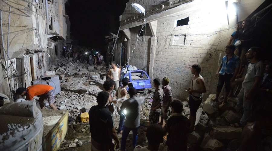 Click to enlarge People gather at the site of a Saudi-led air strike in the Red Sea port city of Hodeidah, Yemen