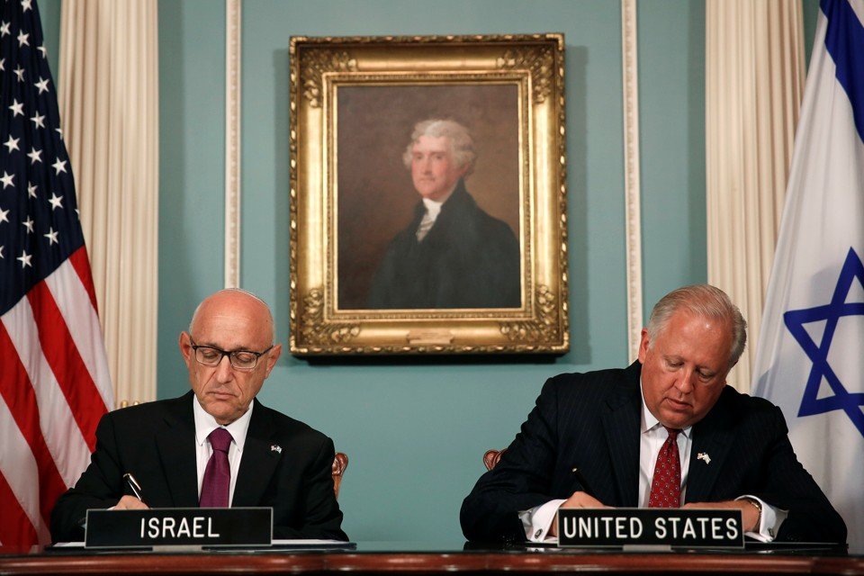 U.S. and Israeli officials sign an unprecedented military-spending deal in Washington, D.C., on September 14