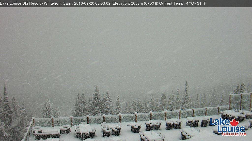 The Lake Louise Ski Area posted this webcam screen shot of snow accumulating on their property on Tuesday morning.