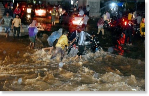 Flooded streets near Mahboob Mansion Market Malakpet in Hyderabad on Thursday.  