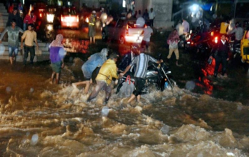 Flooded streets near Mahboob Mansion Market Malakpet in Hyderabad on Thursday.  