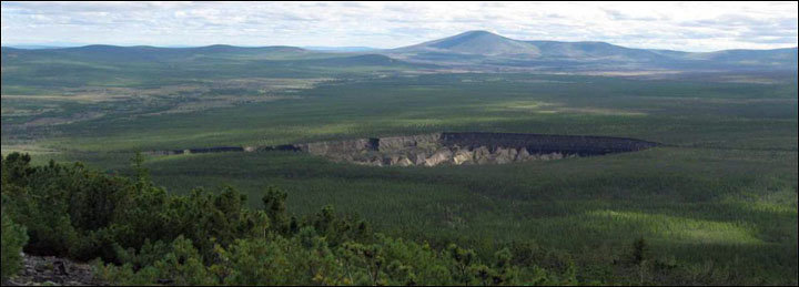 Batagaika crater, panorama, forest, mountain