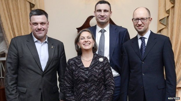 Leader of Ukraine’s Neo-Nazi Party SvobodaOleh Tyahnybok (Left) with Victoria Nuland, Former PM of Ukraine Arseniy Yatsenyuk 