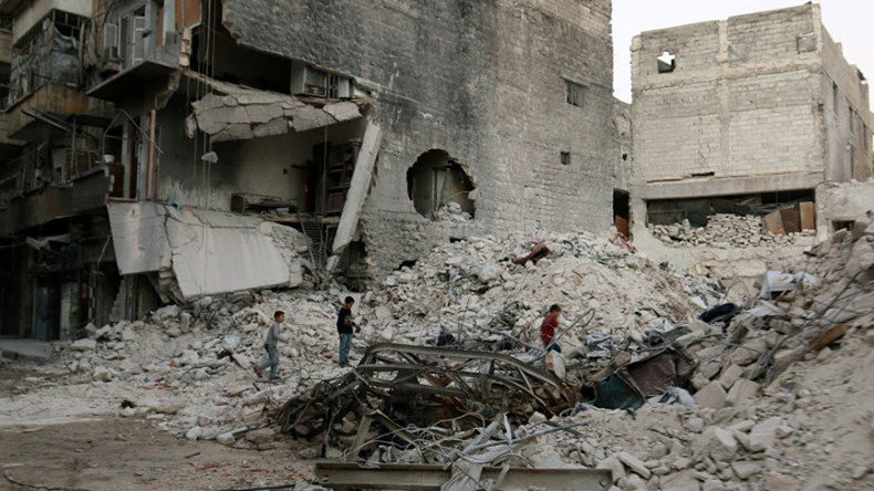rubble of damaged buildings in the rebel held area of al-Kalaseh neighbourhood of Aleppo, Syria