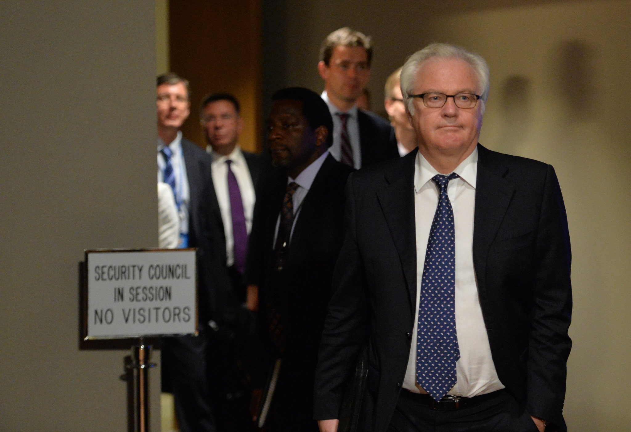 Vitaly Churkin, Russia's Ambassador to the United Nations, leaves the Security Council chambers July 21, 2014 at UN headquarters in New York