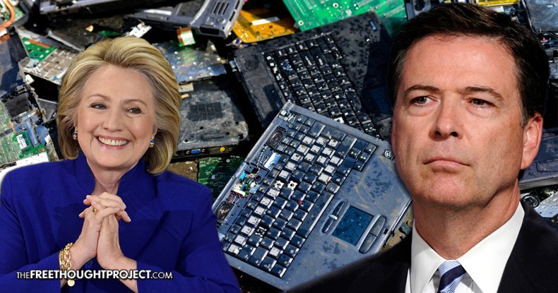 Clinton and James Comey with busted laptops graphic