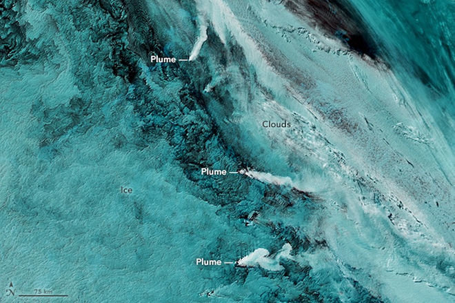 Click to enlarge On Sept. 29, 2016, the Moderate Resolution Imaging Spectroradiometer on NASA’s Aqua satellite captured this false-color image showing volcanic activity in the South Sandwich Islands.