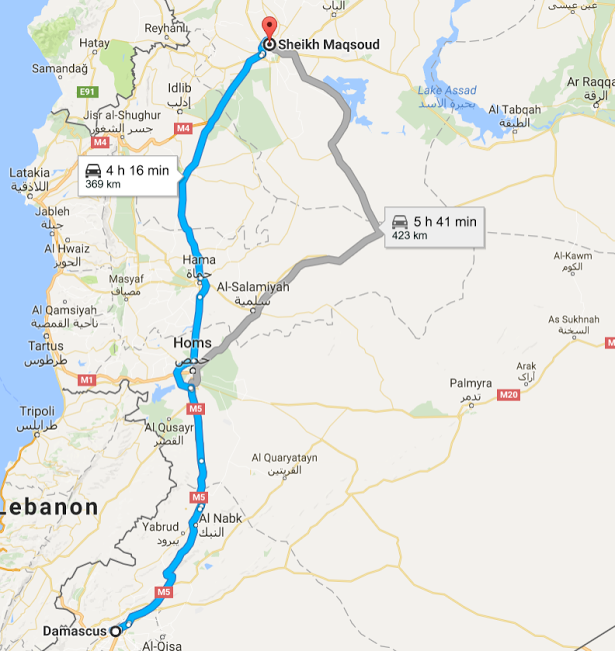 A of The route from Damascus to Sheikh Maqsoud, a Kurdish-held neighborhood in Aleppo.