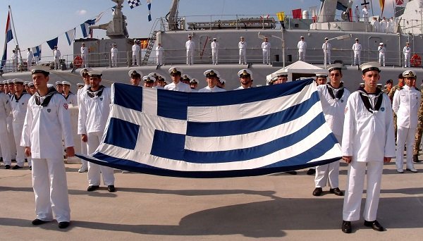 Greek sailors with flag